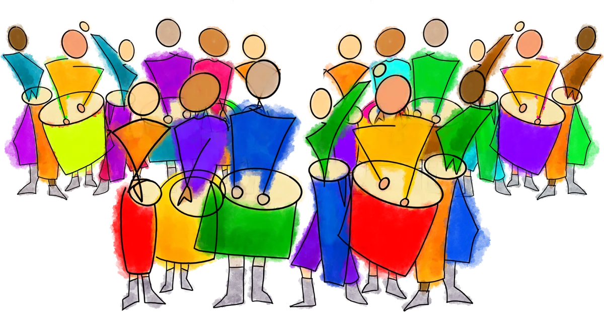 Illustration: viele bunte Trommlerinnen und Trommler von Sambadeira